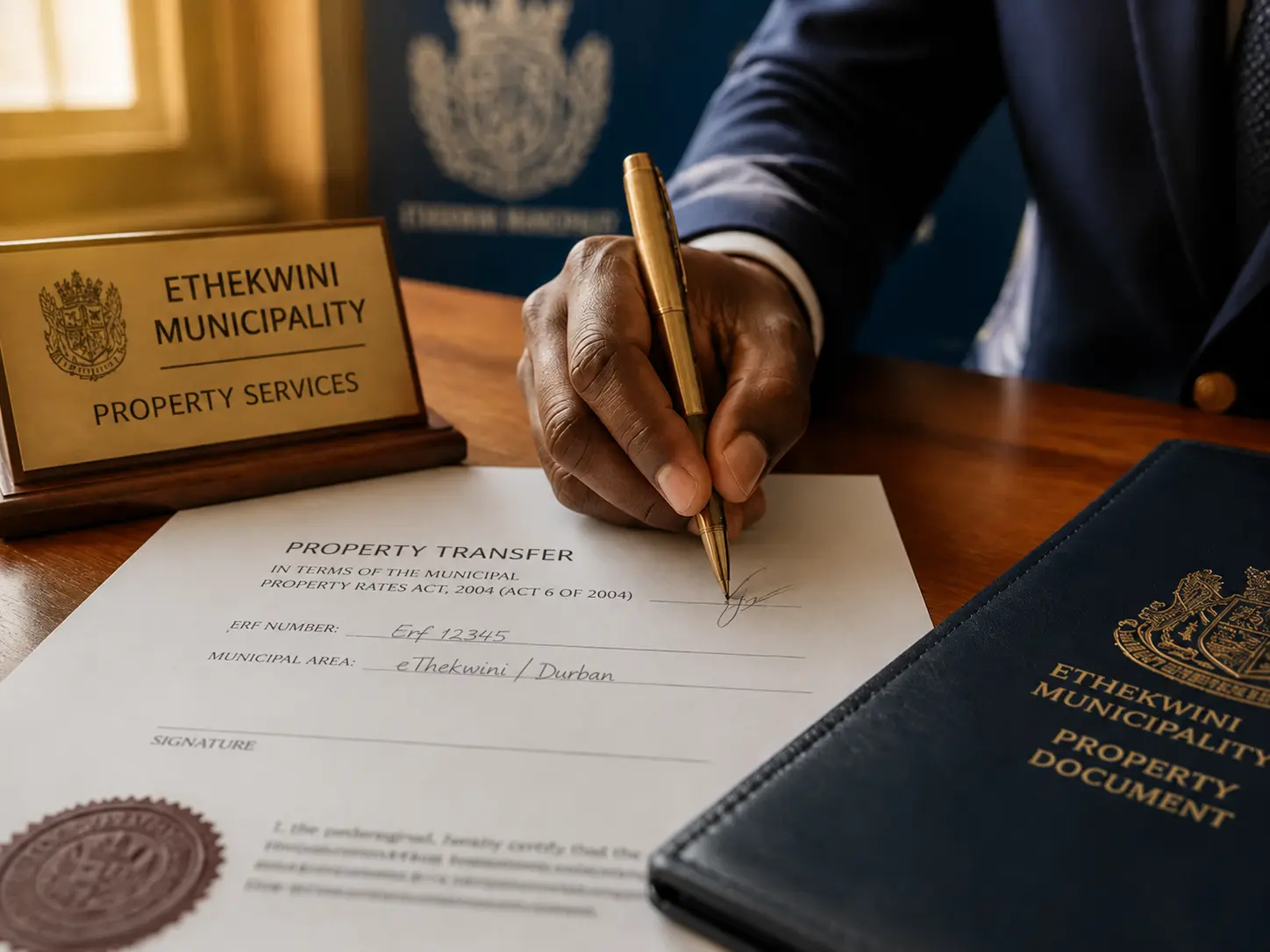 Hand signing a municipal property transfer document
